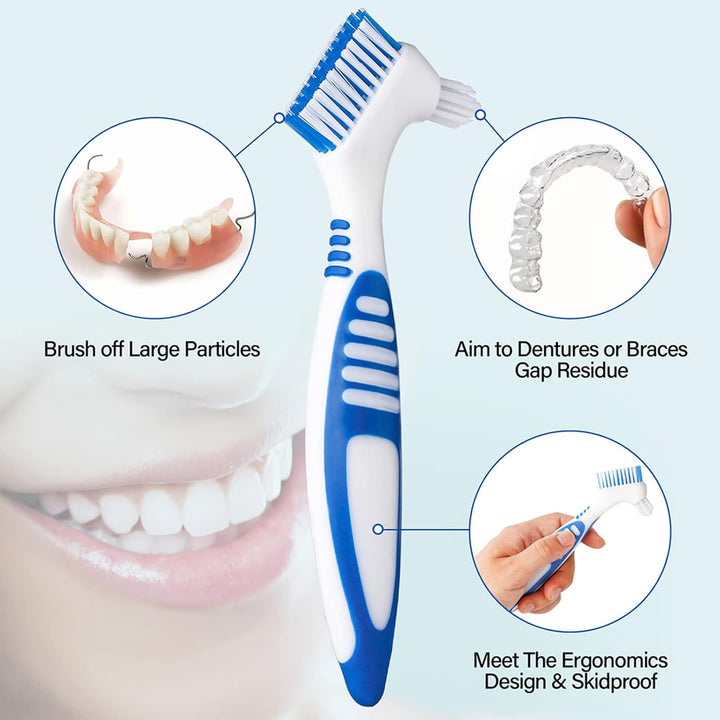 Denture Brush, 4 Pieces Small Toothbrush for Dentures, Multi-Layered Bristles Ergonomic Rubber Handle for False Teeth Cleaning