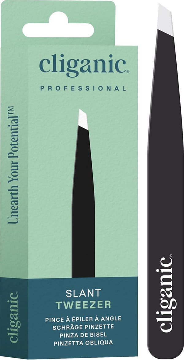 Professional Eyebrow Tweezers Slant Tip (Black) - Precision for Men & Women, Stainless Steel Best for Plucking Chin Facial Hair