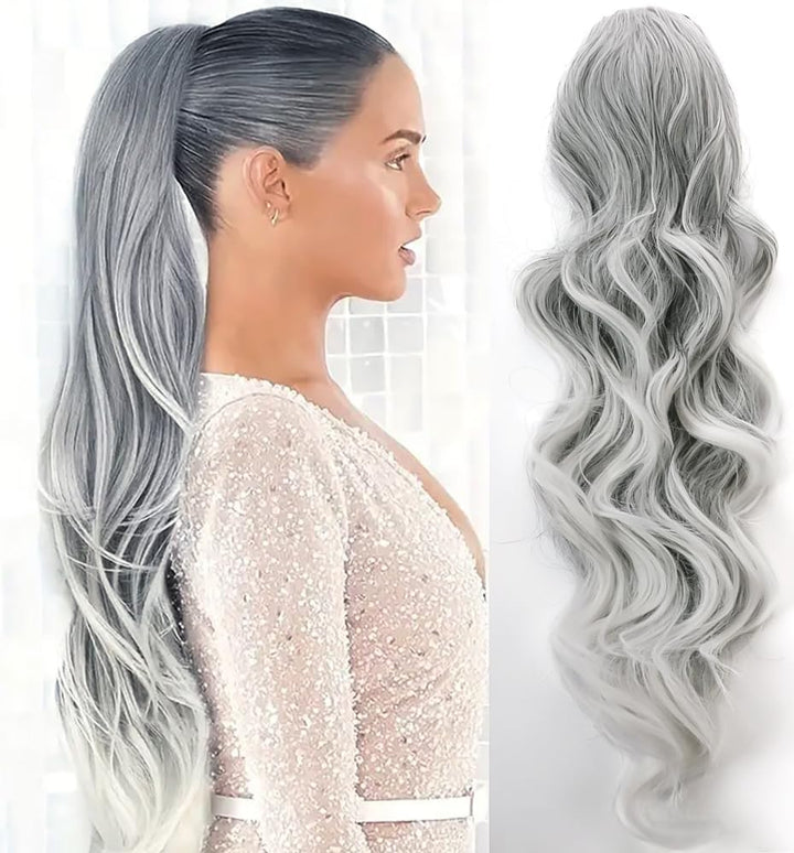 Long Wavy Ponytail Hair Extension for Black Women Drawstring Ponytail Hair Extensions Clip in Black Curly Synthetic Hairpiece