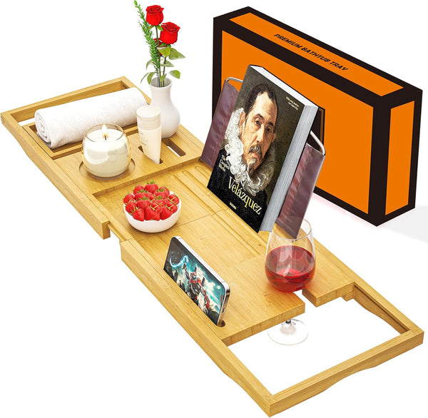 Bath Caddy Tray Expandable - Bath Trays for across the Bath - Bamboo Wooden, Fits Most Bath Tubs