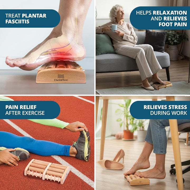Wooden Foot Massager Roller - Acupressure Plantar Fasciitis Massager, Wellness & Walking Gifts for Women & Men, Foot Massagers for Pain and Circulation (Plus Reflexology Chart)