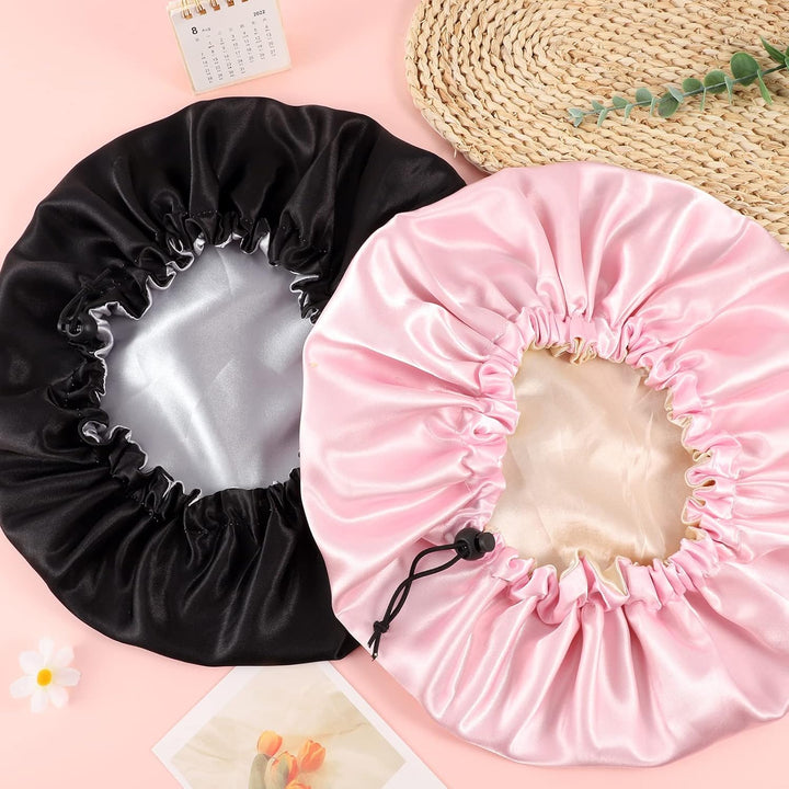 2 Pieces Adjustabl Bonnet, 36Cm Double Sided Satin Sleep Caps Night Sleep Hat for All Hair Lengths Women Curly Natural Hair Head Cover(Black+Pink)