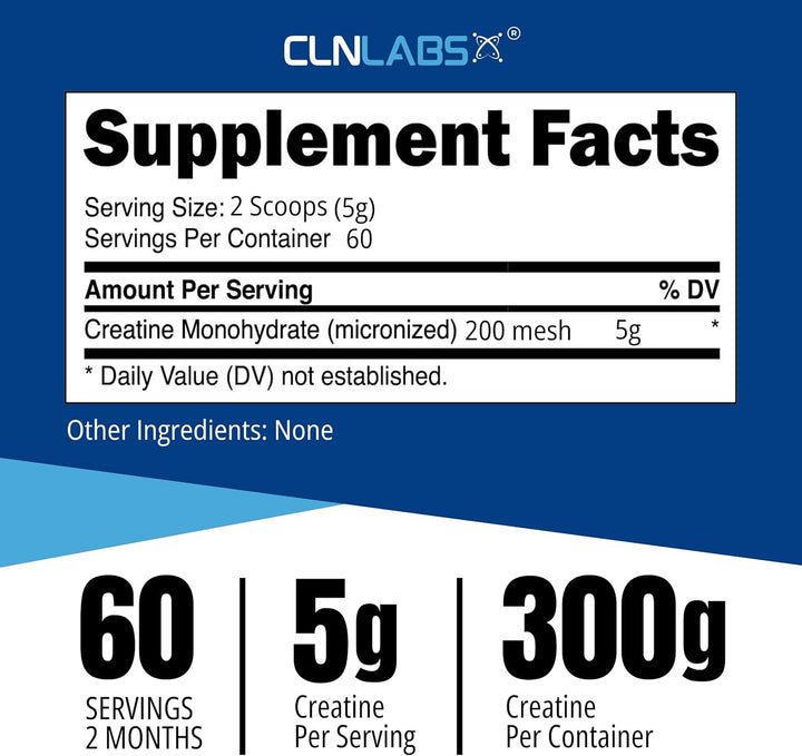 Creatine Monohydrate Powder - 300G (60 X 5G Servings) | 200 Mesh Fine Grade Powder, Pure & Mixes Easily | Includes Scoop | Unflavoured | Made in the UK by