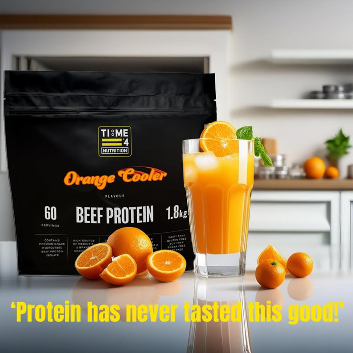 Time 4 Beef Protein Hydrolysed Beef Protein Isolate Gluten Free, Soy, Fat & Sugar Free - Virtually Carb Free, Delicious Fruity Flavours 60 Servings (1.8Kg, Orange Cooler)
