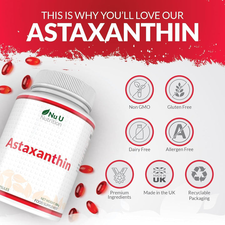 Astaxanthin 12Mg - 180 High Strength Softgel Capsules - 6 Month Supply - Powerful Antioxidant Supplement - Astaxanthin from Haemotococcus Pluvialis Algae - Made in the UK -