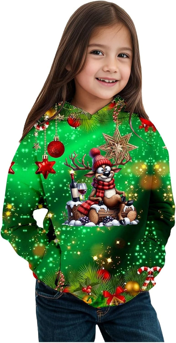 2025 Christmas Print Girls Hooded Sweatshirt Long Sleeve Pullover Top for Winter Holiday Festive Outfit Cozy Fleece Lined Soft Casual Wear