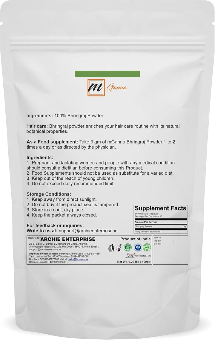 100% Natural Bhringraj Powder 0.22 Lbs/ 100 G Pure Eclipta Alba for Hair Health & Skin