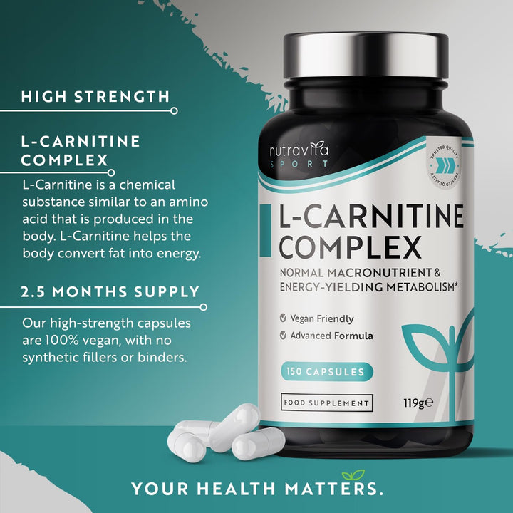 L-Carnitine Complex - High Strength Capsules with Added Riboflavin, Biotin, Chromium, Vitamin D, B3 & B6 - Macronutrient & Energy Yielding Metabolism - 150 Vegan Capsules - Made in the UK by