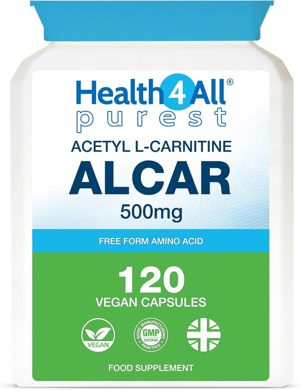 Acetyl L-Carnitine 500Mg 120 Capsules, Purest High Strength ALCAR Amino Acid with No D-Carnitine, Vegan, Gluten-Free, Gmo-Free Acetyl-L-Carnitine Supplement | Made in UK