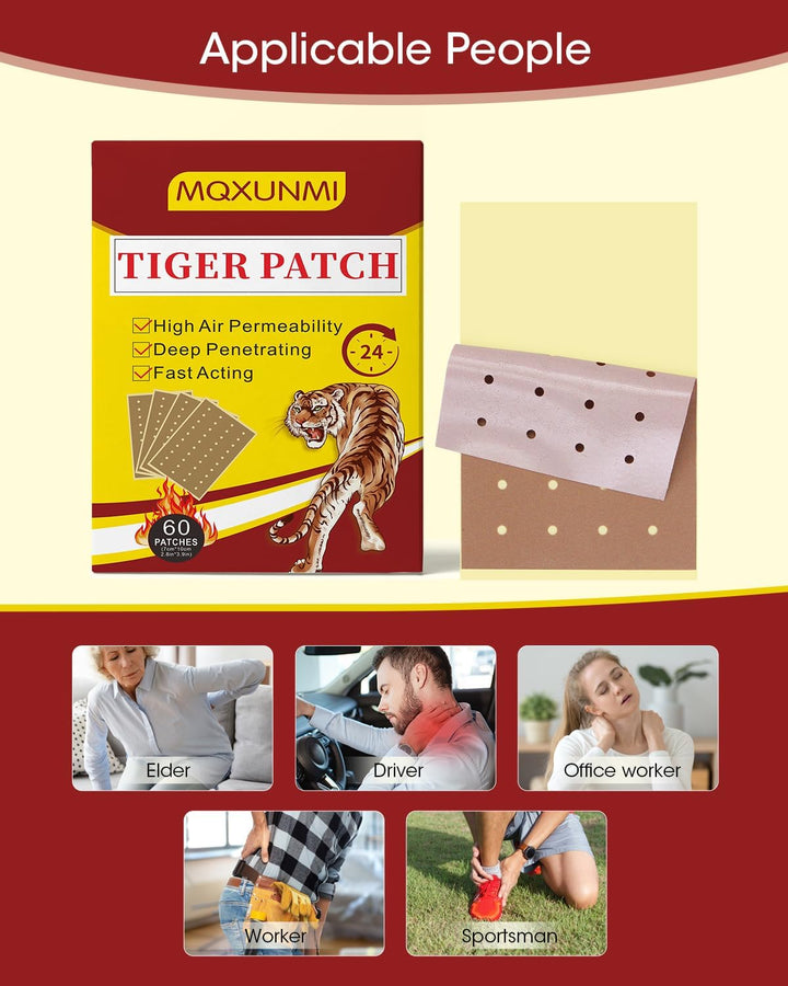 Tiger Patches, 60Pcs Ultra Strength Pain Relief Patches, Natural Wormwood Relieves Muscle Soreness Heat Patches for Back, Knee and Shoulder Muscle Pain Relief