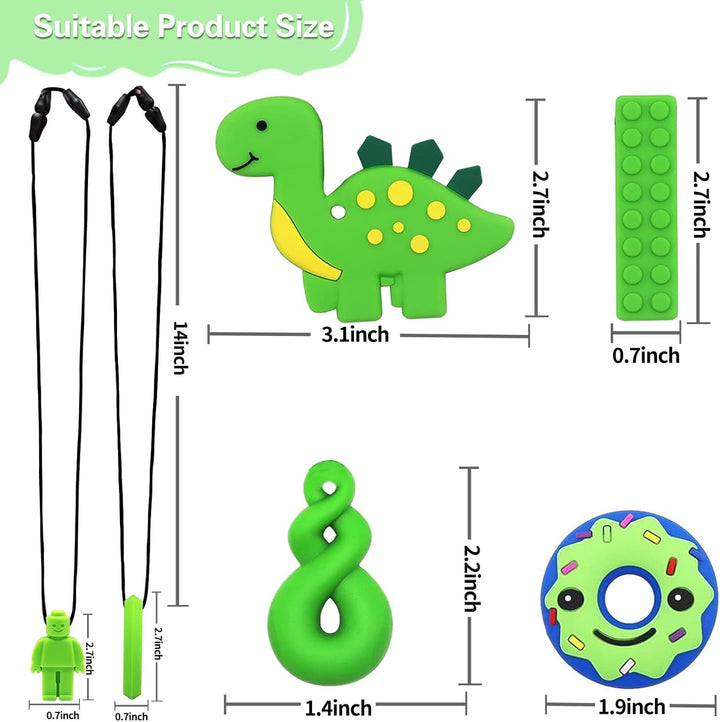 6PCS Sensory Chew Necklace, Teether Chew Toys Safety Food Grade Silicone for Kids Toddlers ADHD, Autistic, Biting Needs, Oral Motor Teether Chew Pendant Toy with Adjustable Buckle for Baby Boys(Green)