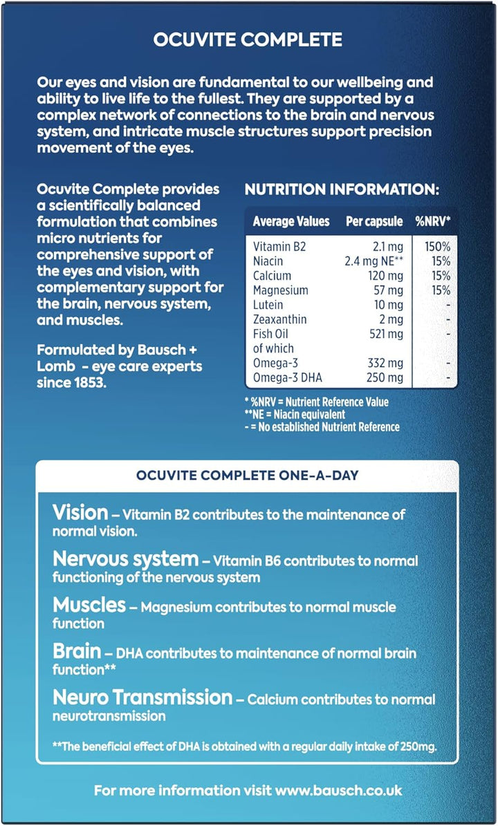 Complete Eye Supplement Capsules by Bausch + Lomb – Lutein and Zeaxanthin Supplement with Omega 3 DHA, Vitamin B2 and Niacin, Supports Normal Vision, Eye Health Supplements 1 Capsule per Day