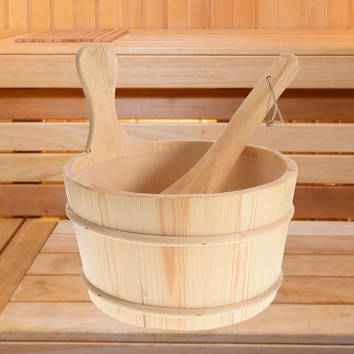 2Pcs Sauna Wooden Bucket and Ladle Set Sauna Water Bucket Wood Ladle Kit Barrel Set Sauna Steam Water Accessories (Neutral Style)