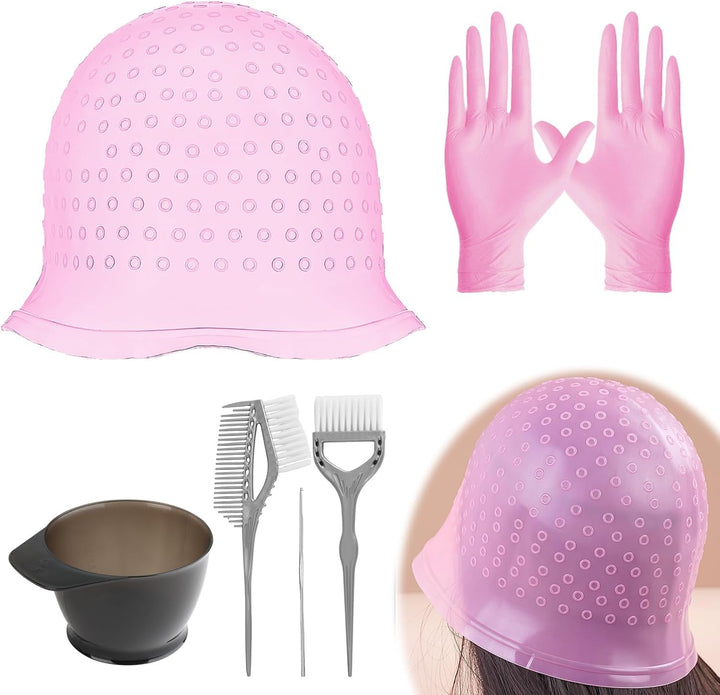 Hair Highlight Cap Kit, 1 Reusable Silicone Highlighting Cap, 1 Highlighting Kit with Brush and 2 Gloves, Easy to Use, Hair Dye Cap for DIY Highlights at Home or Salon (2)