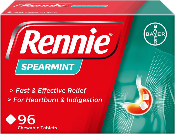 Spearmint Flavour Antacid, Heartburn and Indigestion Chewable Tablets, 1 Pack of 96 Tablets - Gets to Work in 60 Seconds for Fast and Effective Heartburn Relief