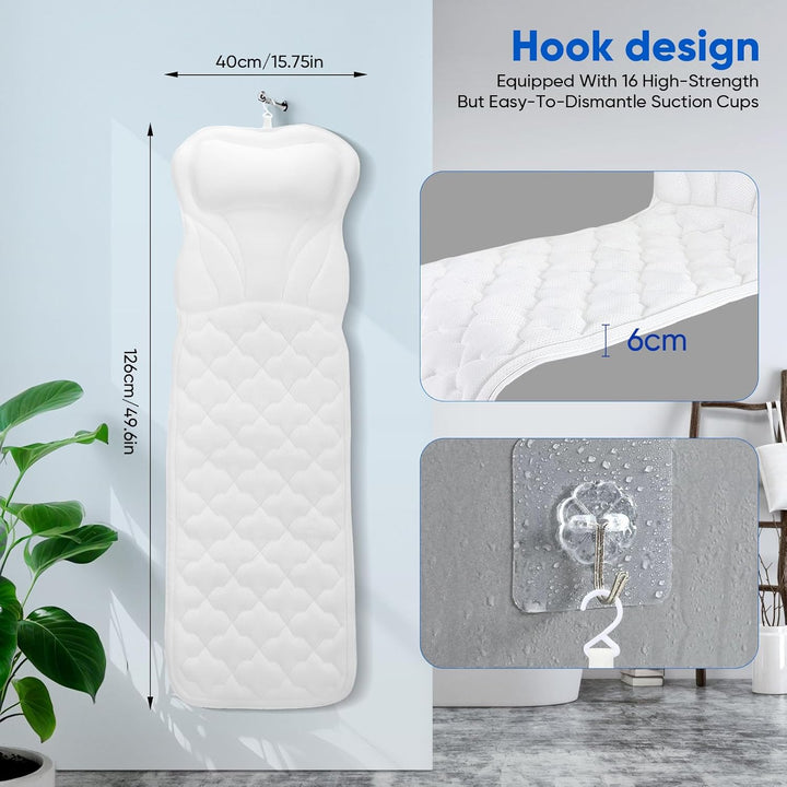 Full Body Bath Pillow Mat & Cushion, Bathtub Pillow Headrest with Comfort Soft 5D Air Mesh and 16 Powerful Suction Cups for Women Spa Relaxing Fits All Bathtub