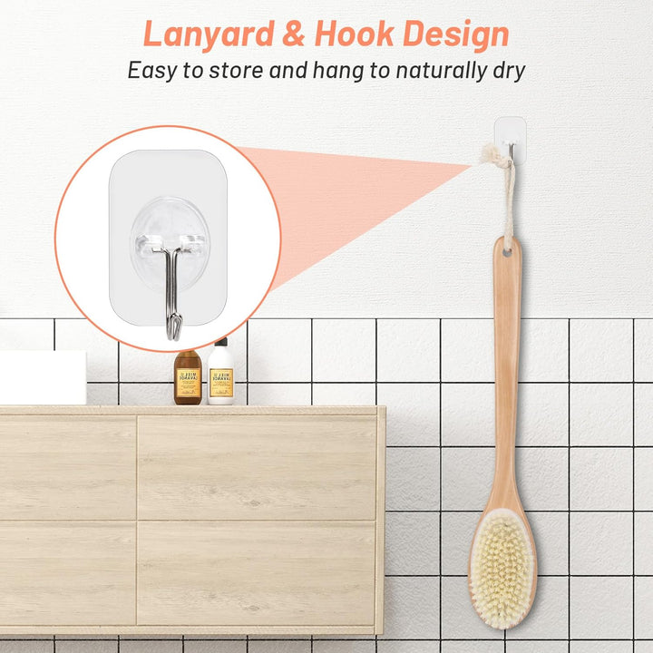 Wooden Back Scrubber for Shower with Long Handle, Dual-Sided Bath Brush Body Scrubber with Stiff and Soft Bristles, Exfoliating Body Brush [Dry and Wet Brushing]