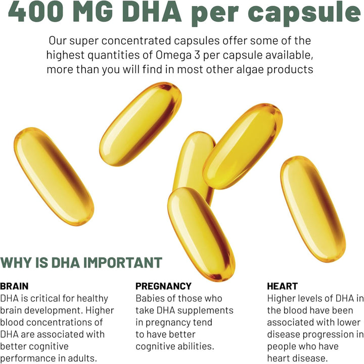 Omega 3 Algae Oil : 400Mg DHA - for Heart, Joints, Brain Health, High Strength 60 Softgel Tablets, 2 Months Supply. 'S Algae Omega 3 - Vegans, Vegetarians DHA Supplement
