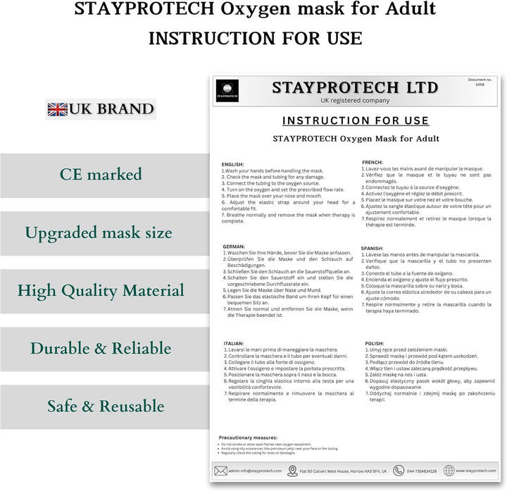 Oxygen Mask with 2.1M Long Tubing, Boosts Oxygen & Enhances Oxygen Therapy, Comfortable Fit, Adjustable Strap & Soft PVC Material. Oxygen Mask for Home Use, (Adult Size)