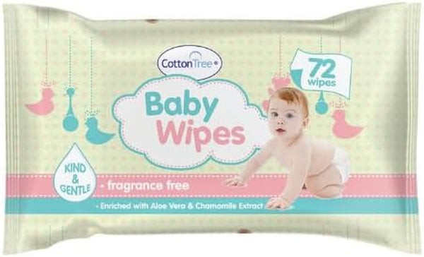 Cotton Tree Kind & Gentle Baby Wipes – 72-Count Pack | Fragrance-Free with Aloe Vera & Chamomile