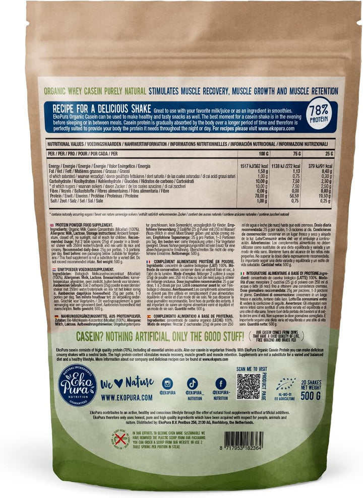 Casein Protein Powder - 500G | 78% Protein | Hormone Free, Gmo-Free, Soy-Free, Additive Free, Sugar-Free | Promote Muscle Growth - Accelerate Recovery | Certified Organic Casein protein, Slow-digesting protein, Protein supplement, Protein powder, Muscle r