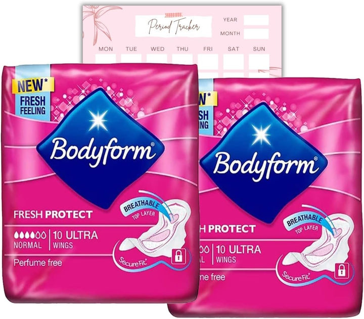 Body Form 10 Ultra Sanitary Towels with Wings Pack of 6, 60 (10 X6 Packs) Perfume Free Period Pads, Normal Flow Cour-V Ultra with  Period Tracker