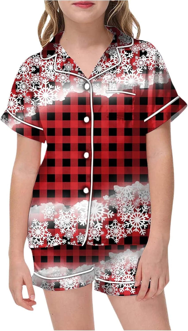 Girls Christmas Printed Pajamas Short Sleeved Button Top Shorts Home Set Christmas Hats