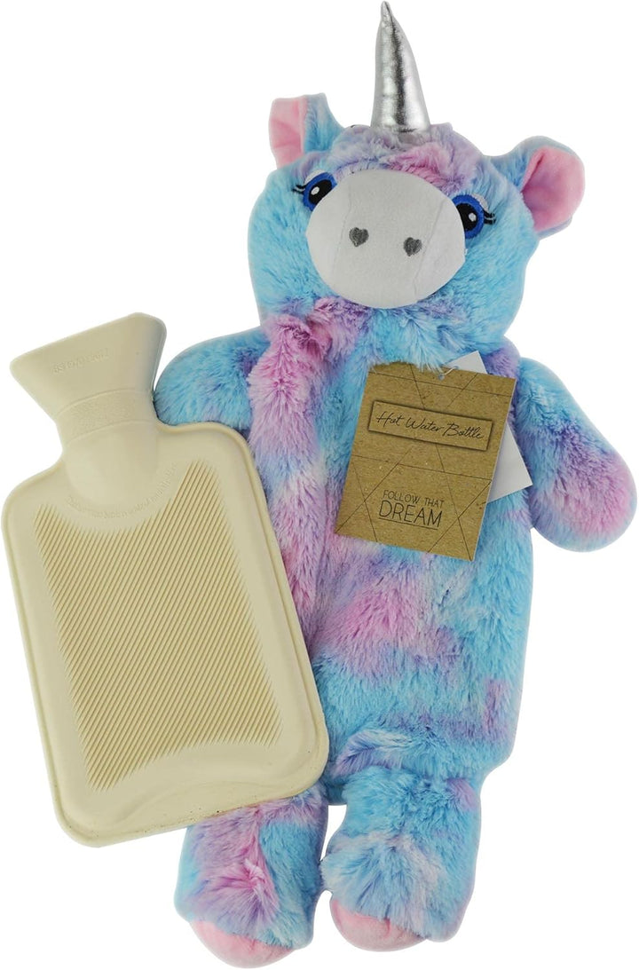 Hot Water Bottle with Rainbow Coloured Faux Fur Unicorn Design Cover