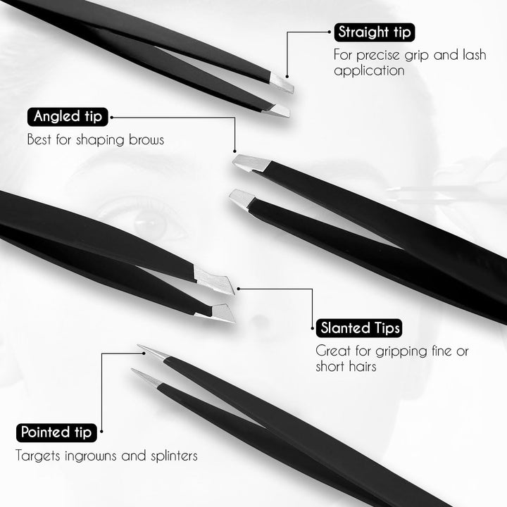 Tweezers for Facial Hair Women & Men - Eyebrow Tweezers Set with Scissors Stainless Steel Precision Classic, Slant, Pointed, Pointed Slant Tools for Ingrown Facial Hair 5Pcs