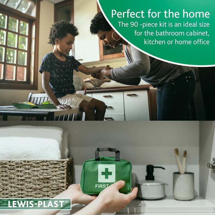 Lewis-Plast Premium First Aid Kit for Home Car Holiday and Workplace - Includes Bandages, Eye Pods, Ice Packs and Essentials for Everyday Situations, 90 Count (Pack of 1)