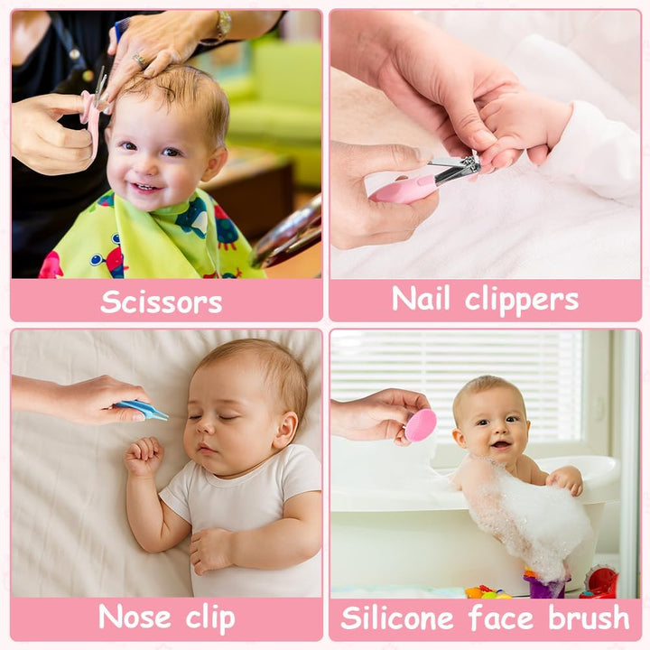 Baby Healthcare and Grooming Kit, Newborn Baby Care Accessories with Hair Brush, Comb, Nail Clippers, Thermometer, for Newborn Girls Boys(14 in 1, Pink)