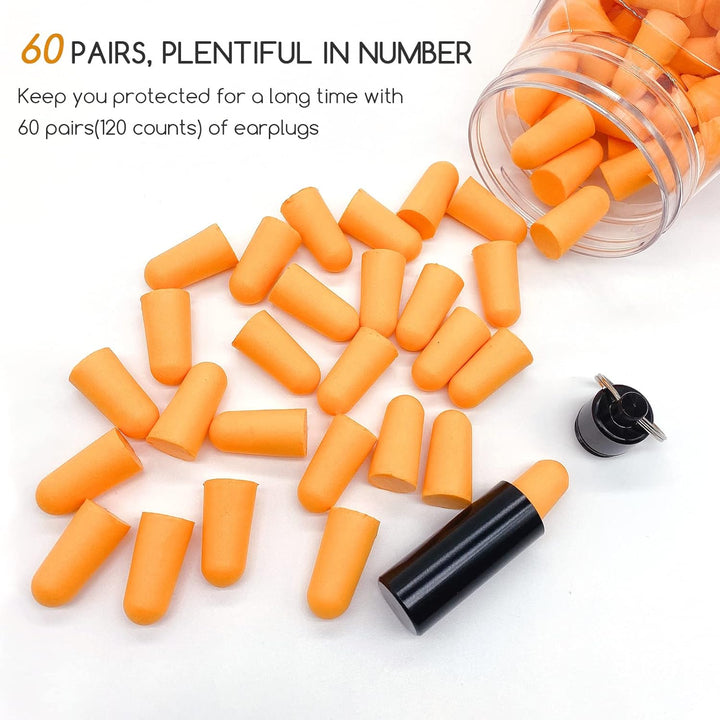 Soft Foam Ear Plugs with Aluminum Carry Case, 60 Pairs - 38Db Noise Reduction Sponge Earplugs Noise Cancelling Ear Plugs for Sleeping, Travel, Concerts, Studying, Work, Loud Noise (Orange)