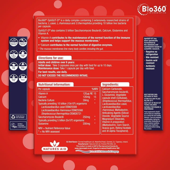 Bio360 Optigut-D Probiotic 10 Billion Live Bacteria - High Strength Vegan Digestive Gut Health Support - Gut Health Supplement for Adults & Kids - Gluten Free, Non-Gmo - 30 Capsules