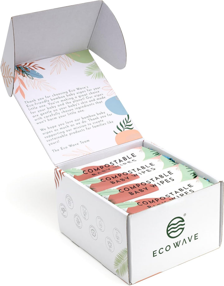 Baby Wipes, 100% Compostable Eco-Friendly Bamboo Wipes, Unscented, Hypoallergenic, Vegan, Alcohol-Free, Suitable for Sensitive Skin (64 Count Pack of 4)