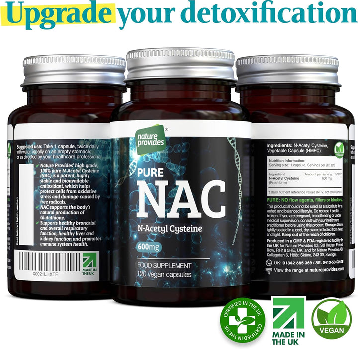 NAC N-Acetyl Cysteine (Free Form) 600Mg - 120 Vegan Capsules, High Grade and Stable, 100% Pure - No Fillers/Buffers/Flow Agents, UK Made by