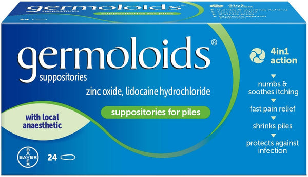 Haemorrhoid Treatment & Piles Treatment Suppositories, Triple Action with Anaesthetic to Numb the Pain & Itch, 55 G, 24 Count (Pack of 1)