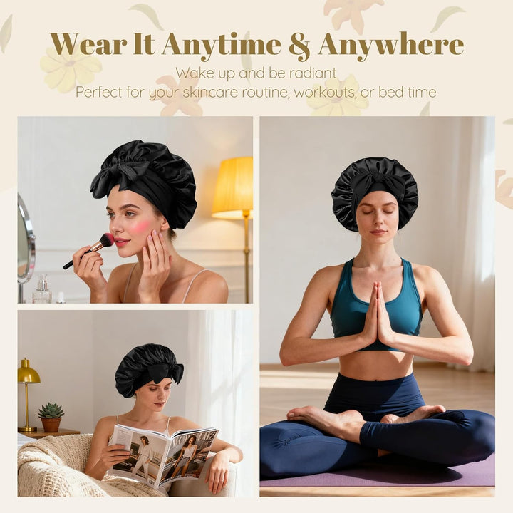 Silk Bonnet, Satin Bonnets for Sleeping, 1 PCS Adjustable Hairs Bonnetss for Women and Hairs Band, Hairs Silk Bonnet for Sleeping, Hairs Bonnets with Tie Band for Curly Hair Braid Women Black