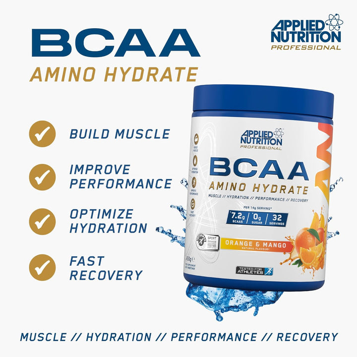 BCAA Powder - Branched Chain Amino Acids Bcaas Supplement, Amino Hydrate Intra Workout & Recovery Energy Drink (45G - 32 Servings) (Orange & Mango)