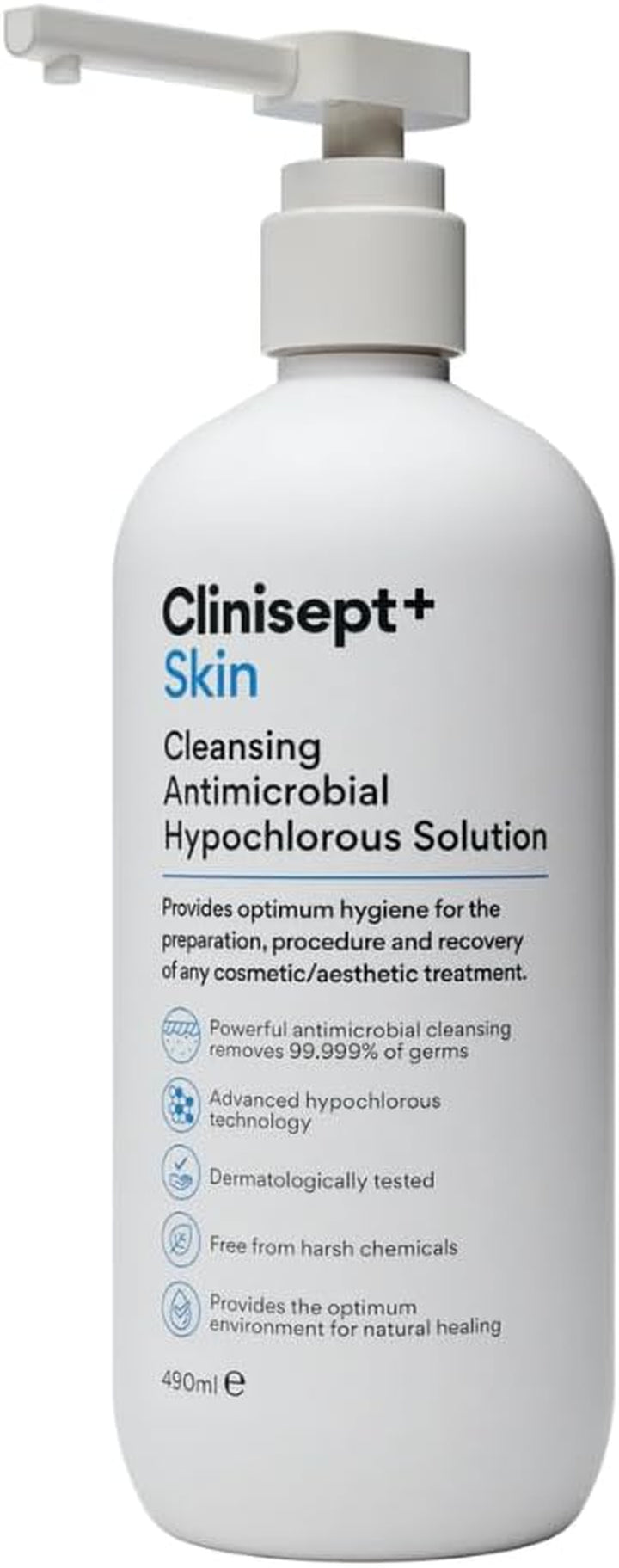 Clinisept Skin 490Ml - High-Purity Hypochlorous Acid Skin Cleanser with Pump - Professional In-Clinic Skin Prep Solution for Pre and Post-Treatment Hygiene - Alcohol-Free for Sensitive Skin Care