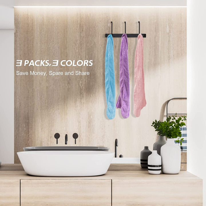 3 Pack Hair Towel Wrap, Microfibre Wrap Hair Towel with Button Super Quick Absorbent Anti-Frizz Fast Dry Hair Caps Twist Turban for Girls and Women and Best for Long, Wet, Thick Hair