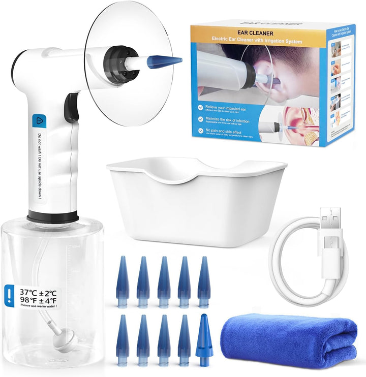Ear Wax Removal Kit, Rechargeable Electric Earwax Remove Removal Ear Irrigation System, and Features Disposable Tips & Ear Catch Basin (9+1 Disposable Tips)