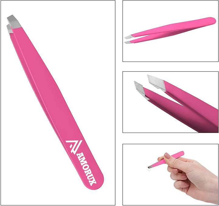 Professional Slanted Tweezer for Facial Hair Women & Men Stainless Steel Precision Tweezers for Ingrown Hair (Pink)