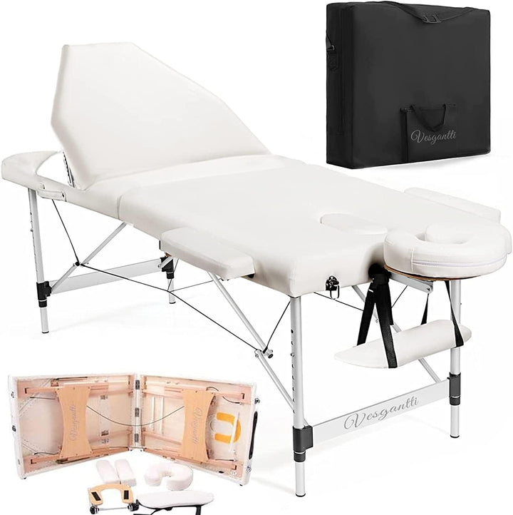 Portable Massage Bed Table - 3-Section Aluminum Foldable Beauty Couch for Reiki Therapy Treatment Salon Healing - Metal Headrest Support/With Carry Bag (Black)