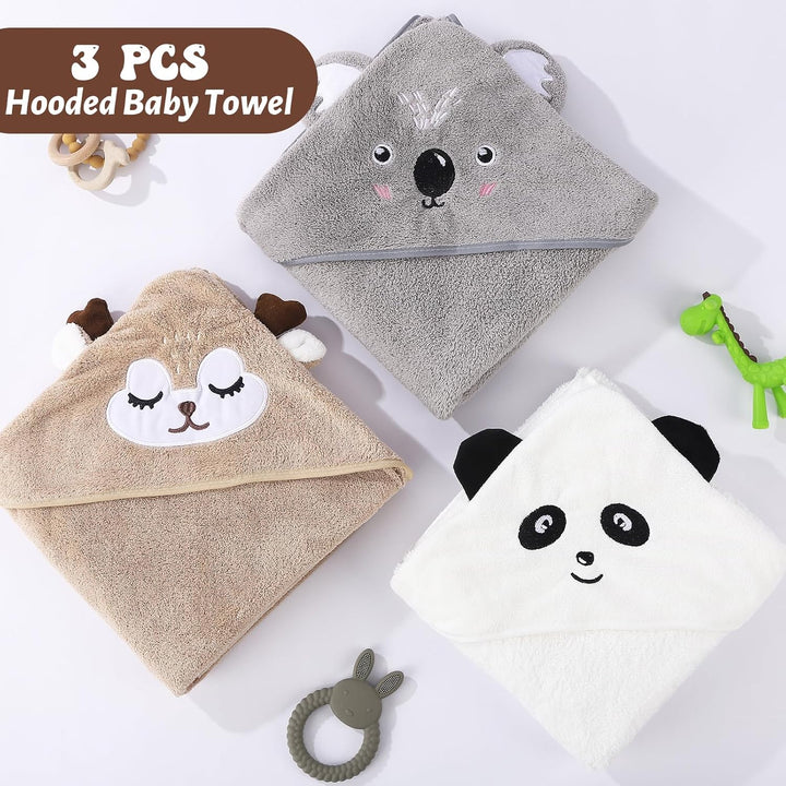 3 Pcs Hooded Baby Towel Set, Ultra Soft Baby Towels Newborn with Hood, Toddler Bath Towel, Cute Animal Design Absorbent Baby Bath Towels for Newborn Baby Boys and Girls, 80X80Cm