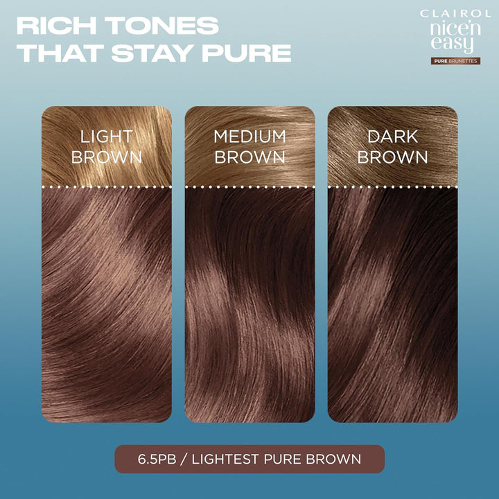 Nice N’ Easy Pure Brunettes Hair Colour | Pure and Rich Brown Tones | Smooth, Natural Hair Colour | with Pre-Colour Serum | 100% Grey Coverage | 6.5PB Lightest Latte Brown| Permanent Hair Dye