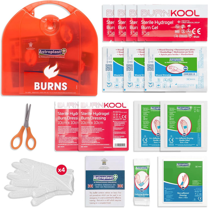 First Aid Burns Dispenser in Compact Red Piccolo Box - Refillable First Aid Kit with Burn Gel, Gloves and Burn Dressings - Essential Medical Equipment for Home, Workplace, or Car