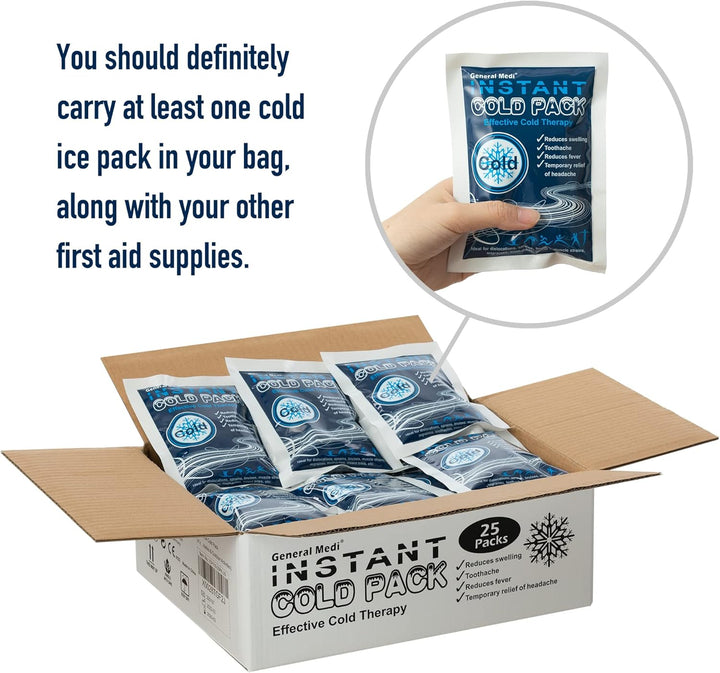 Instant Cold Pack (10X14Cm) – Set of 25 Disposable Cold Therapy Packs for Pain Relief, Swelling, Inflammation, Sprains, Strained Muscles, Toothache – for Athletes & Outdoor Activities
