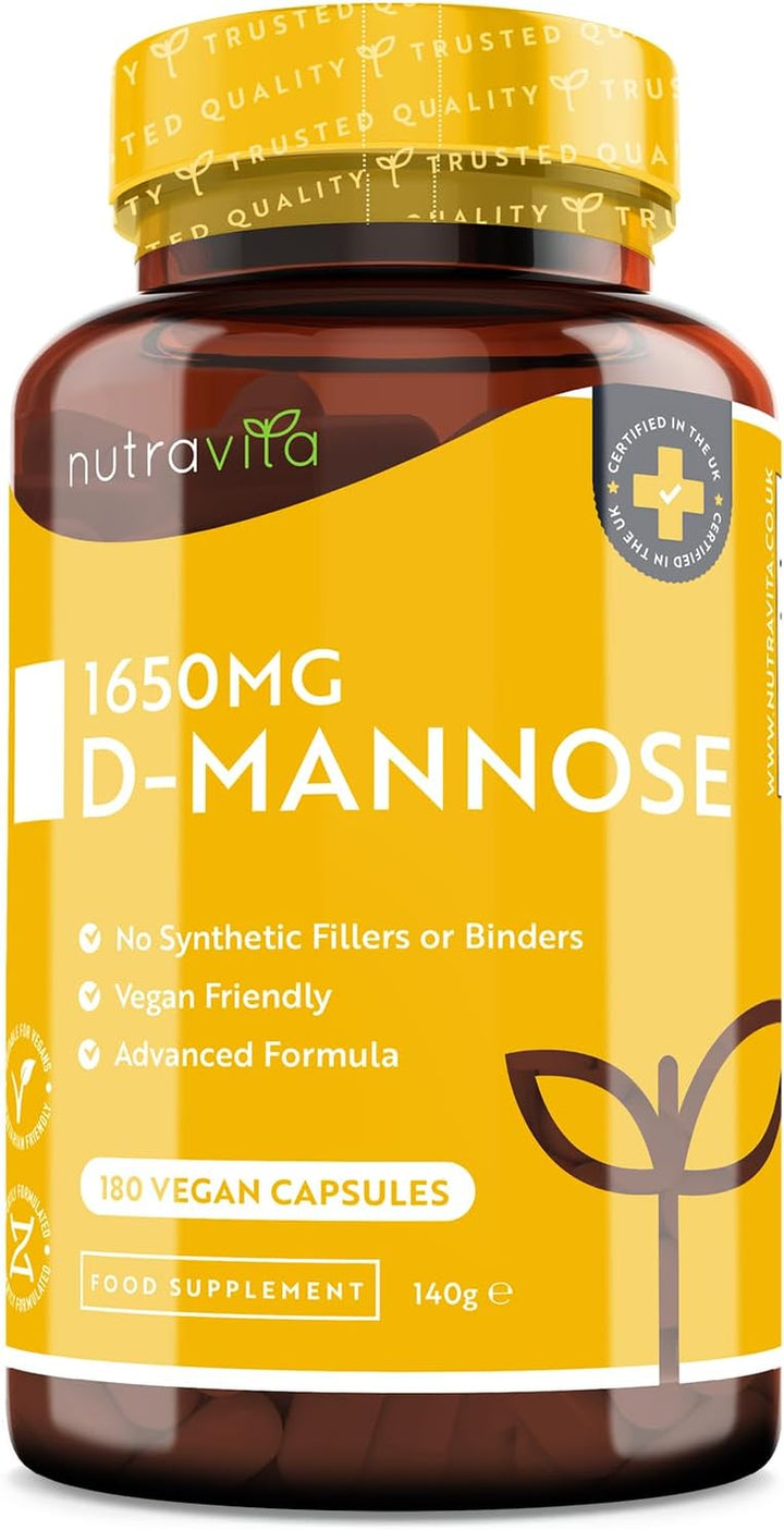 D-Mannose 1650Mg High Strength Capsules – 180 Vegan Friendly Capsules (Not Tablets) – 100% Natural Premium D Mannose Supplement – Made in the UK by