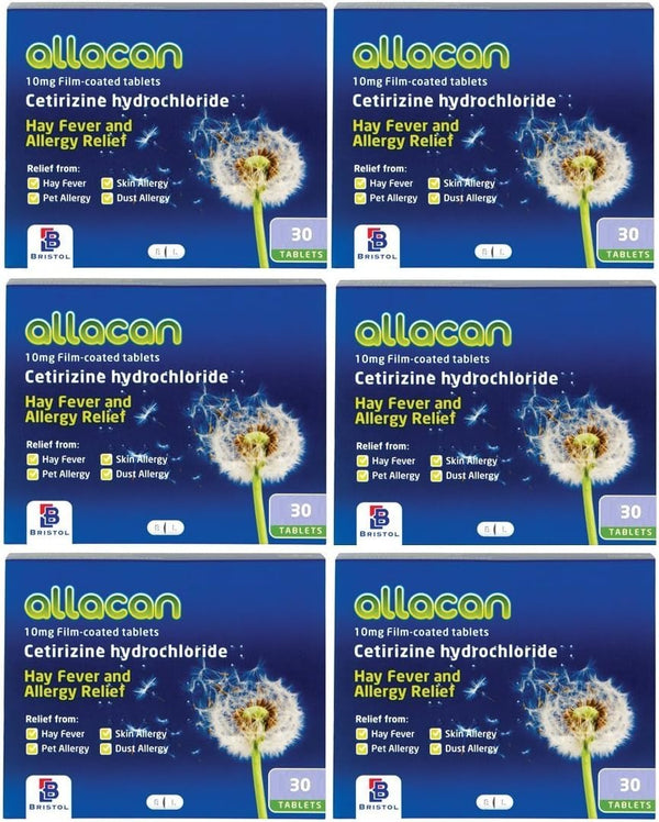 6 Months Supply Allacan Cetirizine Hayfever Allergy Tablets 30 X 6