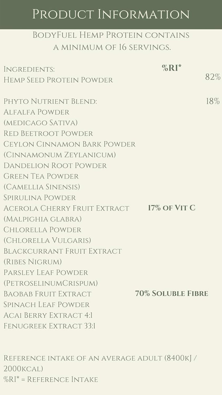 Bodyfuel Hemp Protein Powder plus 14 Superfoods & Phytonutrients – Spirulina, Chlorella, Acai Berry, Alfalfa - Non-Gmo Vegan Plant Protein Powder 500G